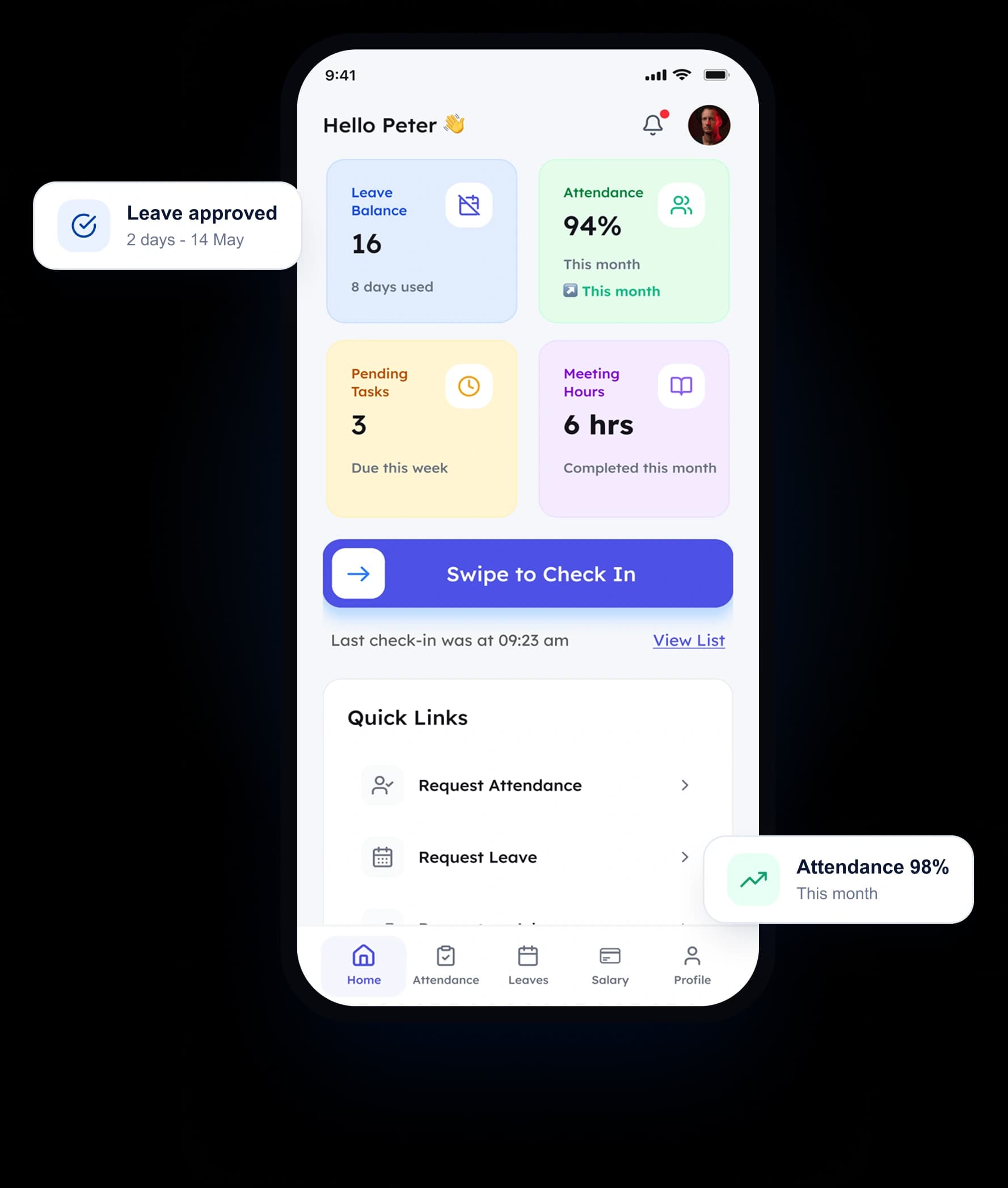 Employee self service mobile app interface