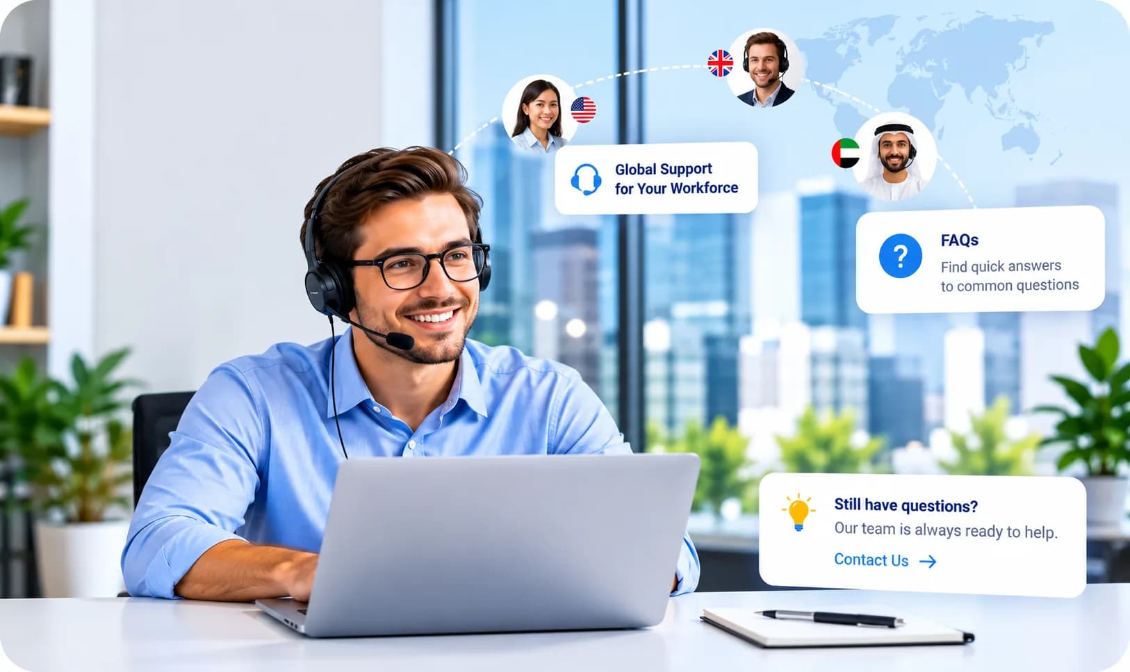 Support specialist at a laptop with global support and FAQ illustrations